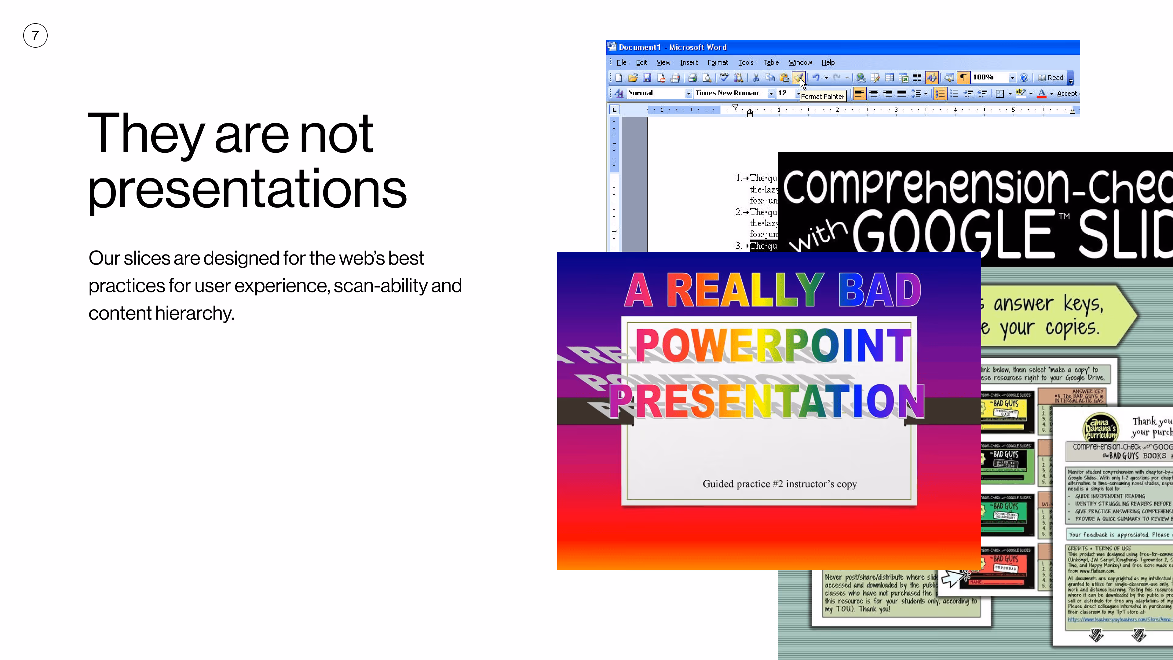 A page from the design system guidelines about not being a presentation