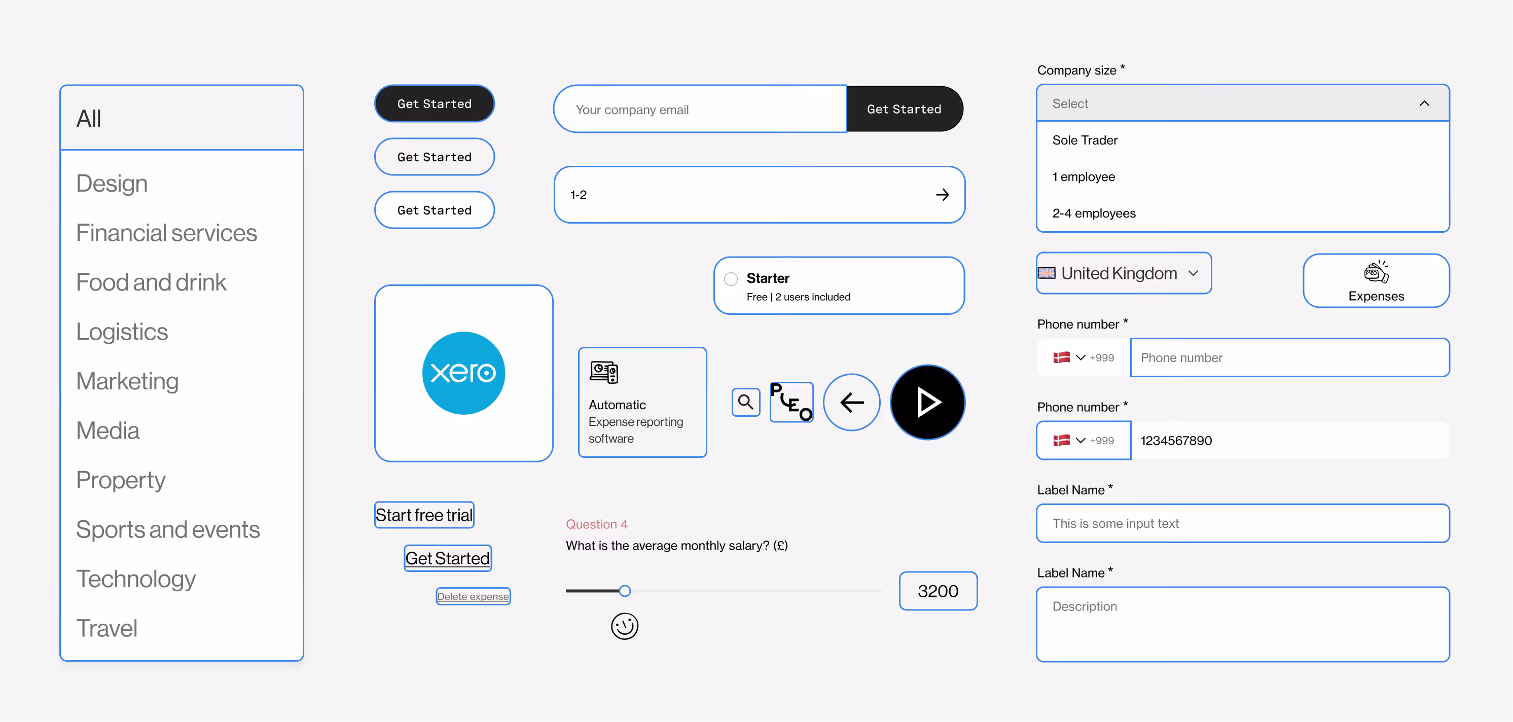 A variety of interactive components all in focus state