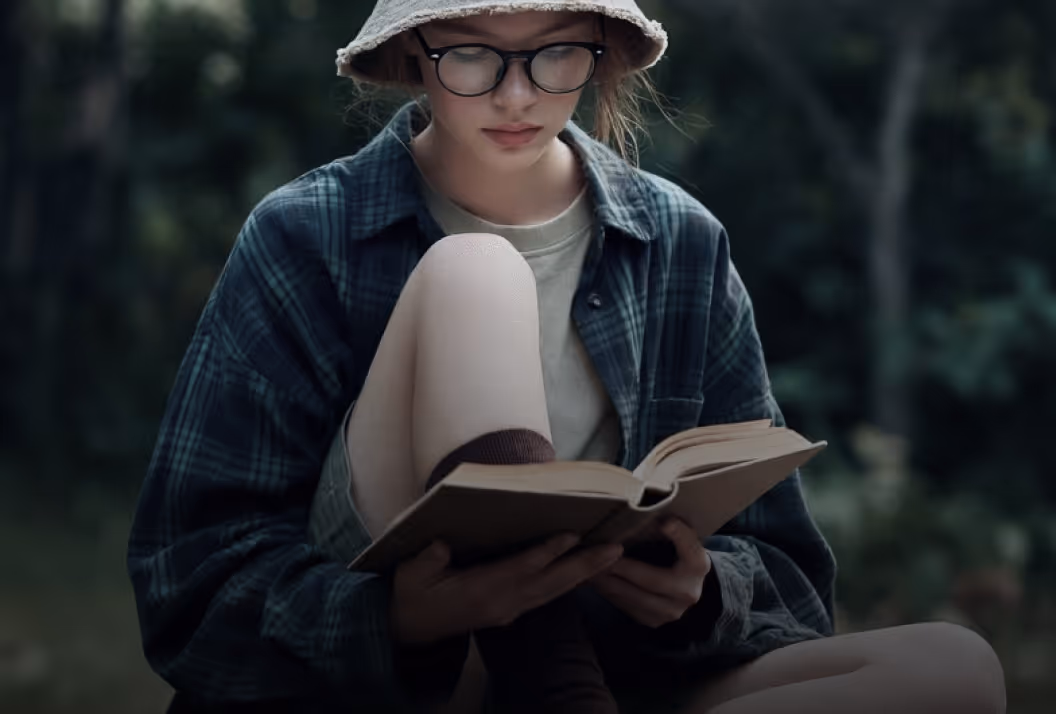 Young person wearing glasses and a bucket hat reading a book outdoors in a natural setting.