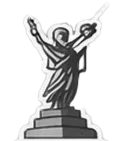 Stylized grayscale illustration of a statue depicting a robed figure holding a sword and raising an arm in Kyiv city