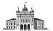 Detailed grayscale illustration of a historic building with towers and flags in Kharkiv city