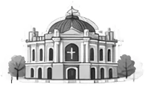Illustration of an ornate church building with a domed roof and a cross above the entrance, flanked by two trees in Odesa city