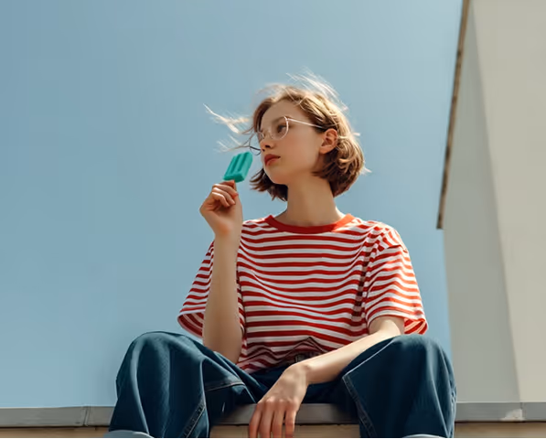 Young woman with short hair and glasses wearing a red and white striped shirt sitting outdoors eating a green popsicle.