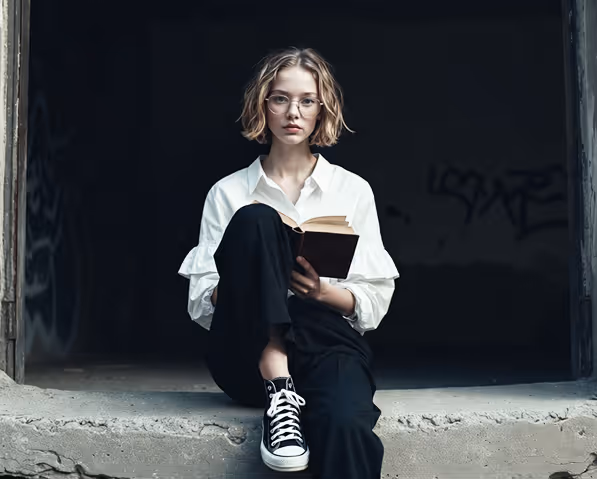 Young woman with short blonde hair and glasses sitting on concrete steps reading a book, dressed in black pants, white shirt, and black sneakers.