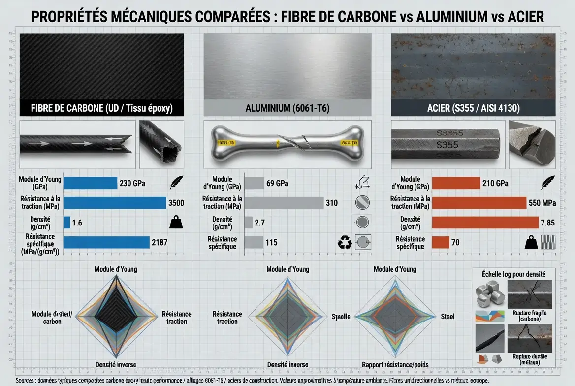 propriétés mécaniques fibre de carbone vs aluminium vs acier