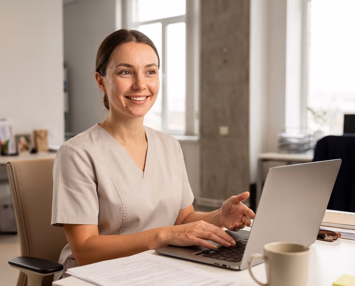 Smiling woman wearing beige scrubs typing on a laptop at a desk in an office.