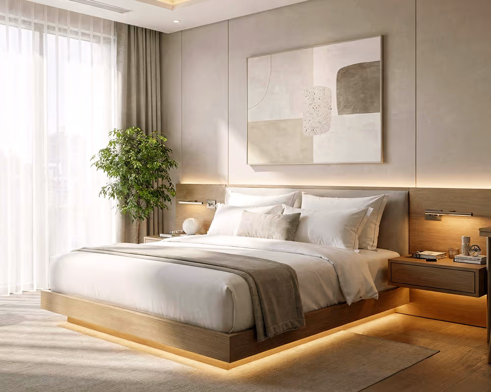Modern bedroom with a large bed, white bedding, soft lighting under the bed frame, a potted plant near sheer curtains, and abstract wall art above the headboard.