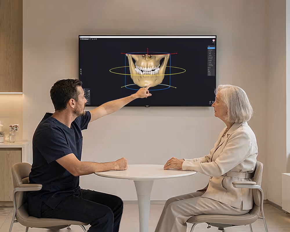 Dentist in scrubs explaining a 3D digital jaw model on a screen to an elderly woman seated across a round table.