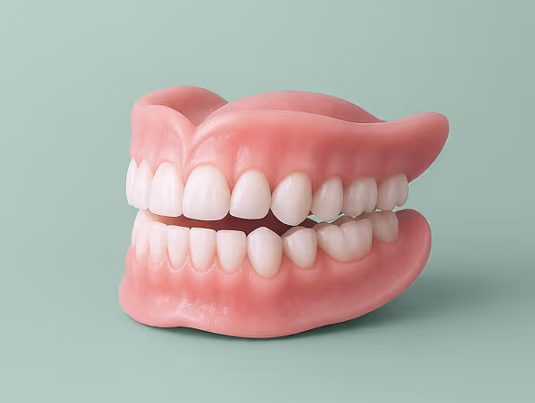 Set of upper and lower complete dentures with white teeth and pink gums on a light green background.