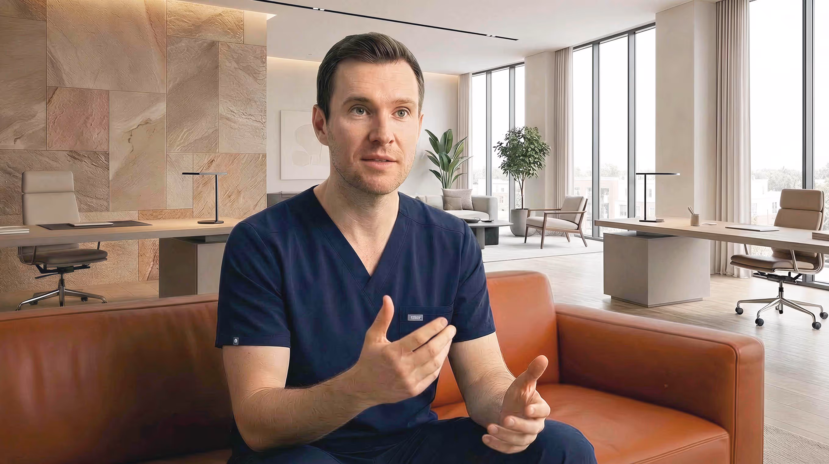 Man in navy medical scrubs sitting on a brown leather sofa in a modern office with large windows and minimalist decor.