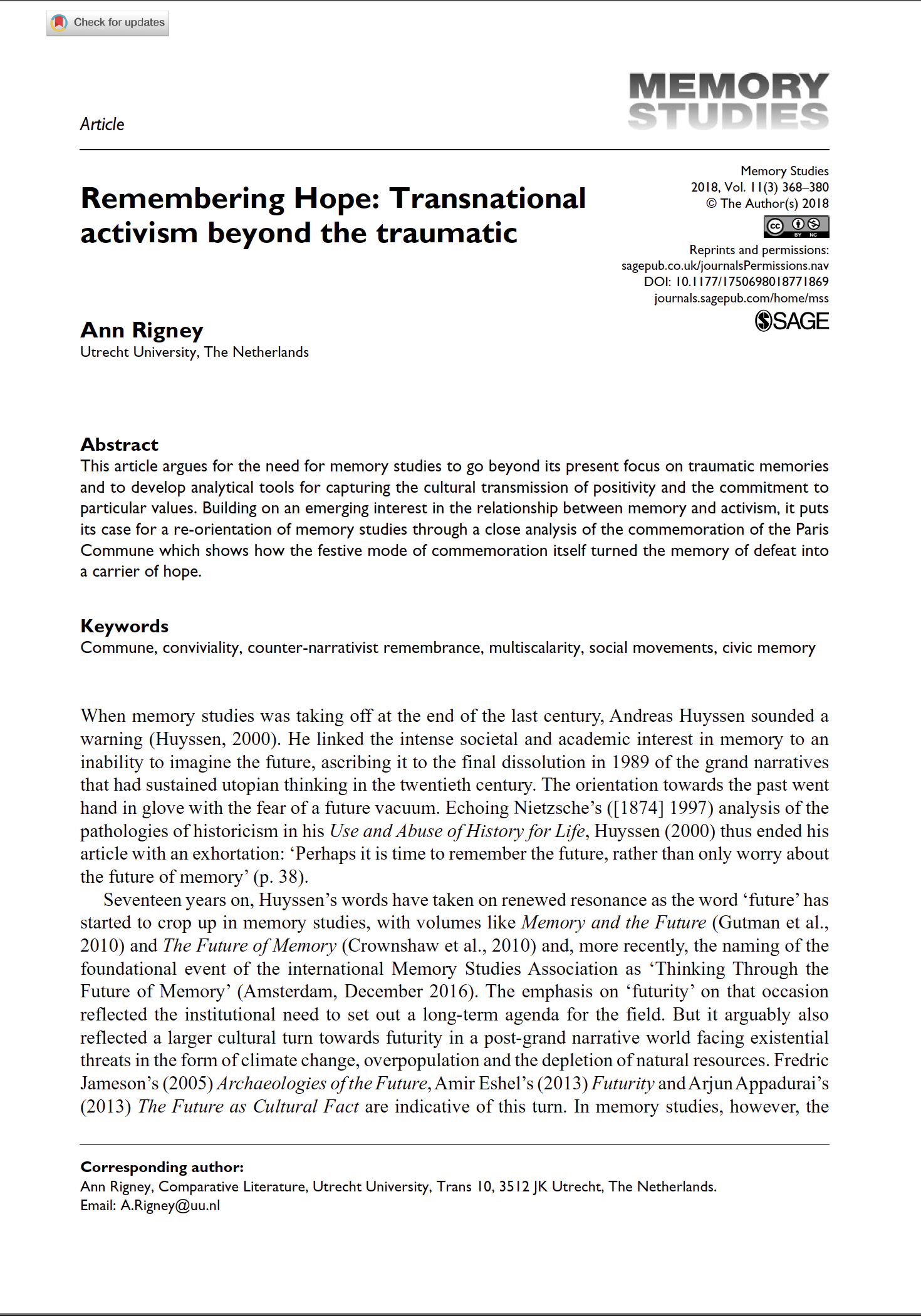 Remembering Hope: Transnational activism beyond the traumatic