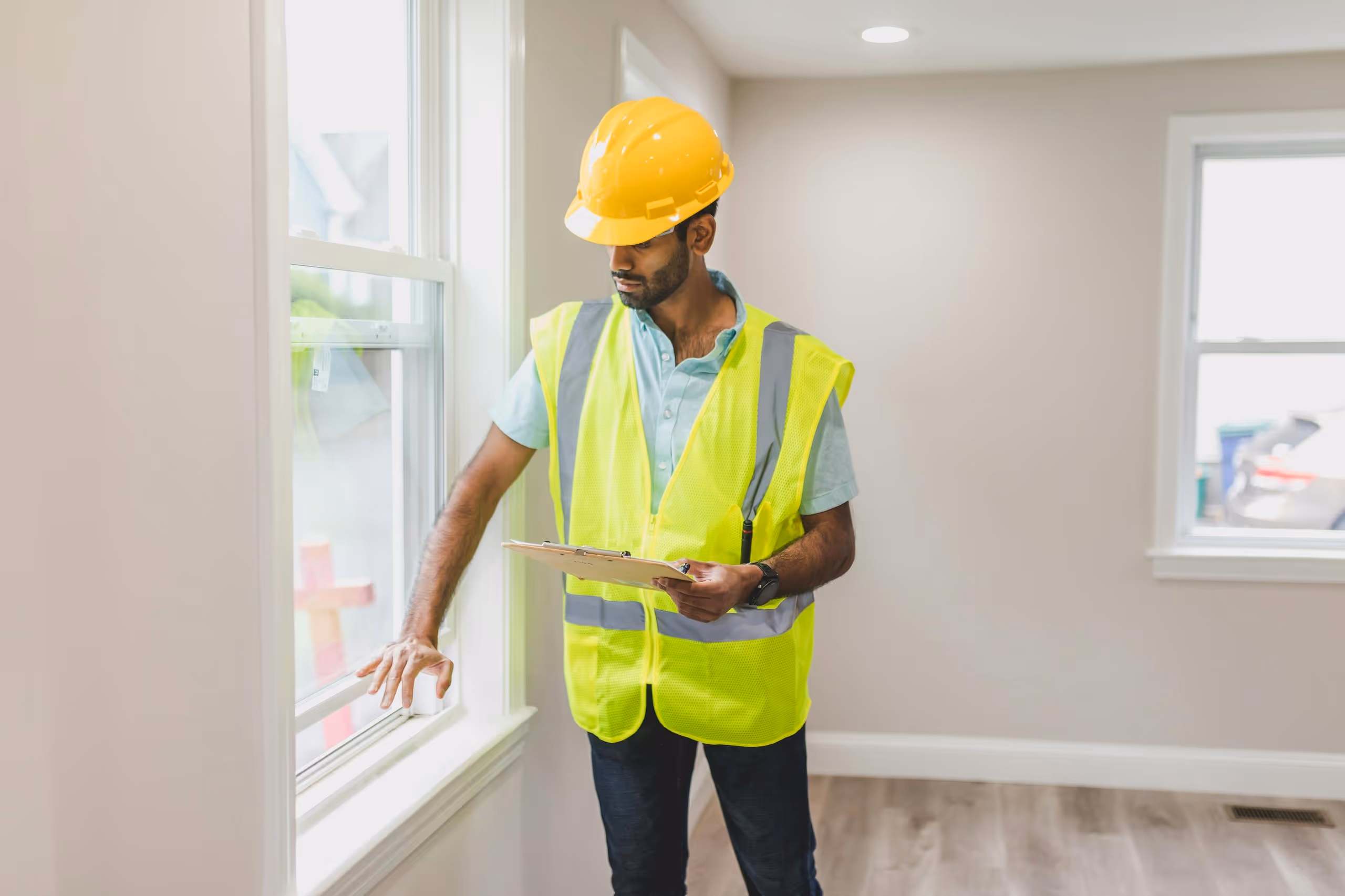Construction worker in a yellow safety vest and hard hat inspecting a window inside a room while holding a clipboard.