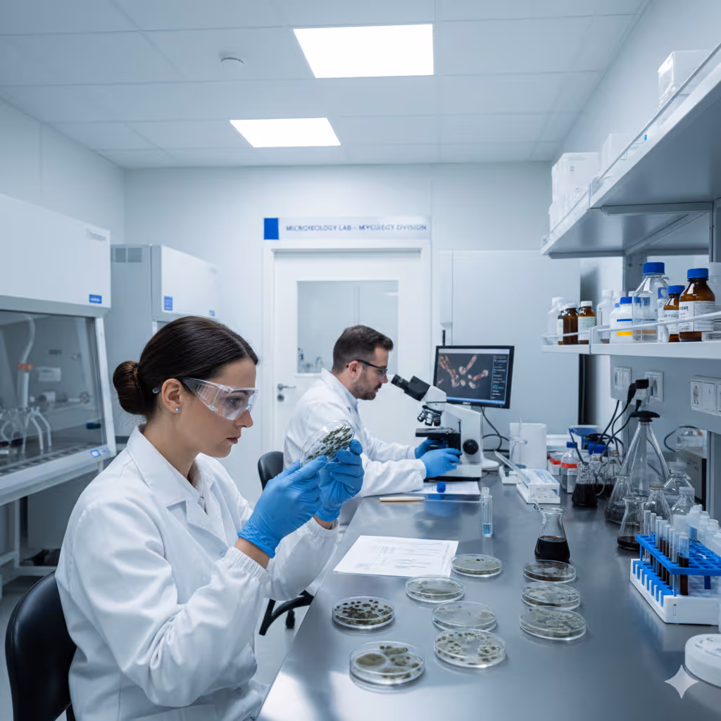 Two scientists wearing white lab coats and blue gloves working in a microbiology lab with petri dishes and a microscope.
