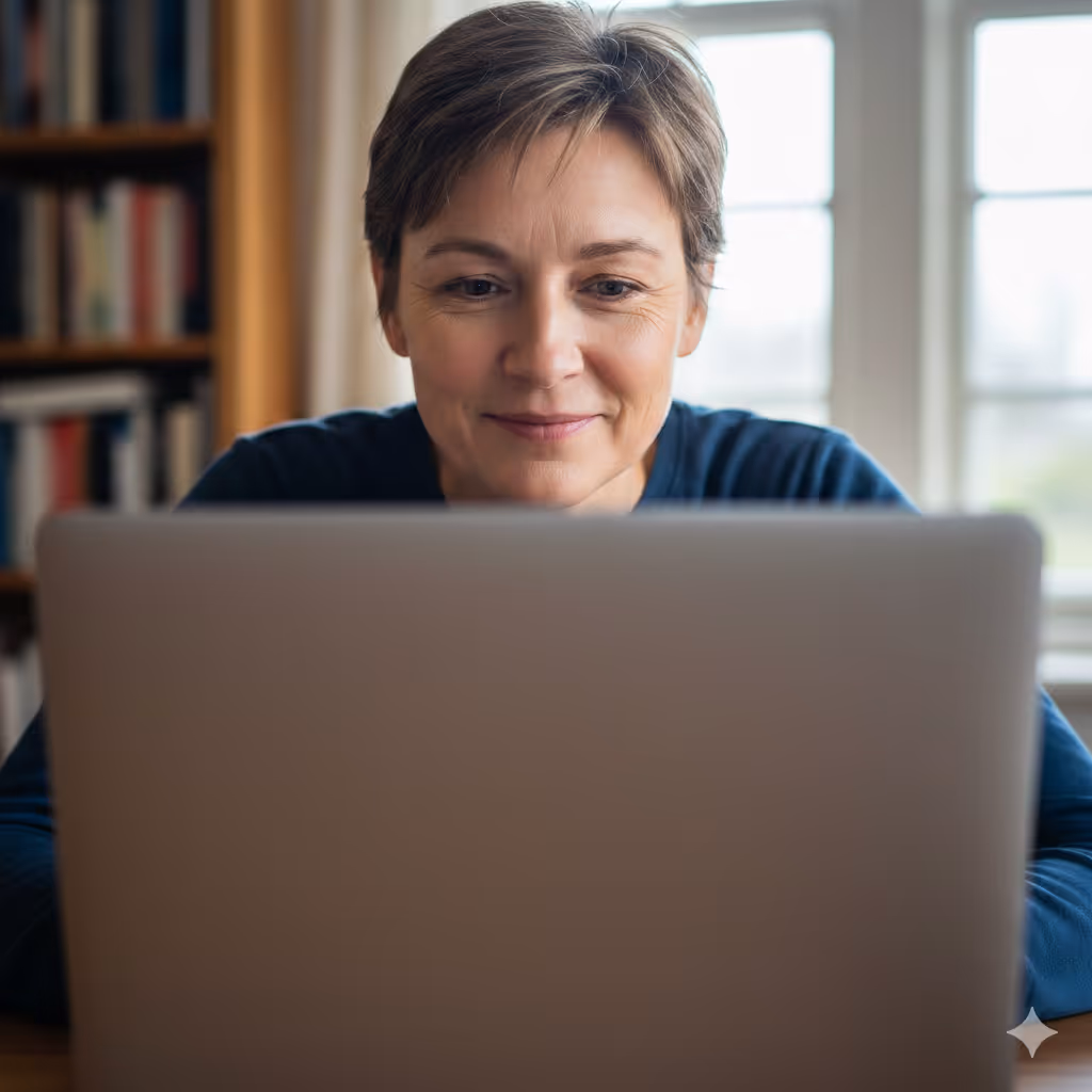 Middle-aged woman with short hair looking intently at a laptop screen in a cozy room with bookshelves and windows.
