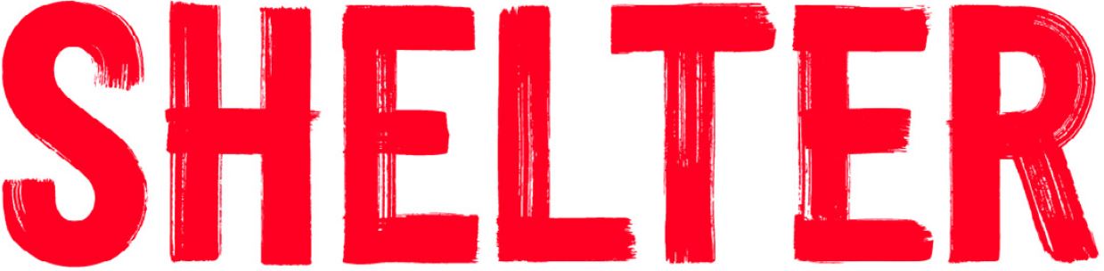 Large red stencil-style text spelling the word 'SHELTER' on a white background.