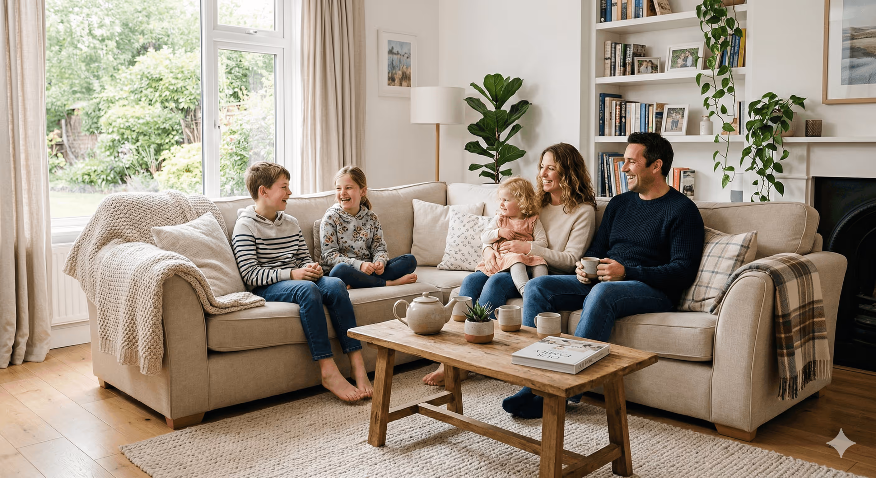 Empty room with gray walls, wood-patterned flooring, a white door with brass knob, and a large window looking out onto a suburban street.
