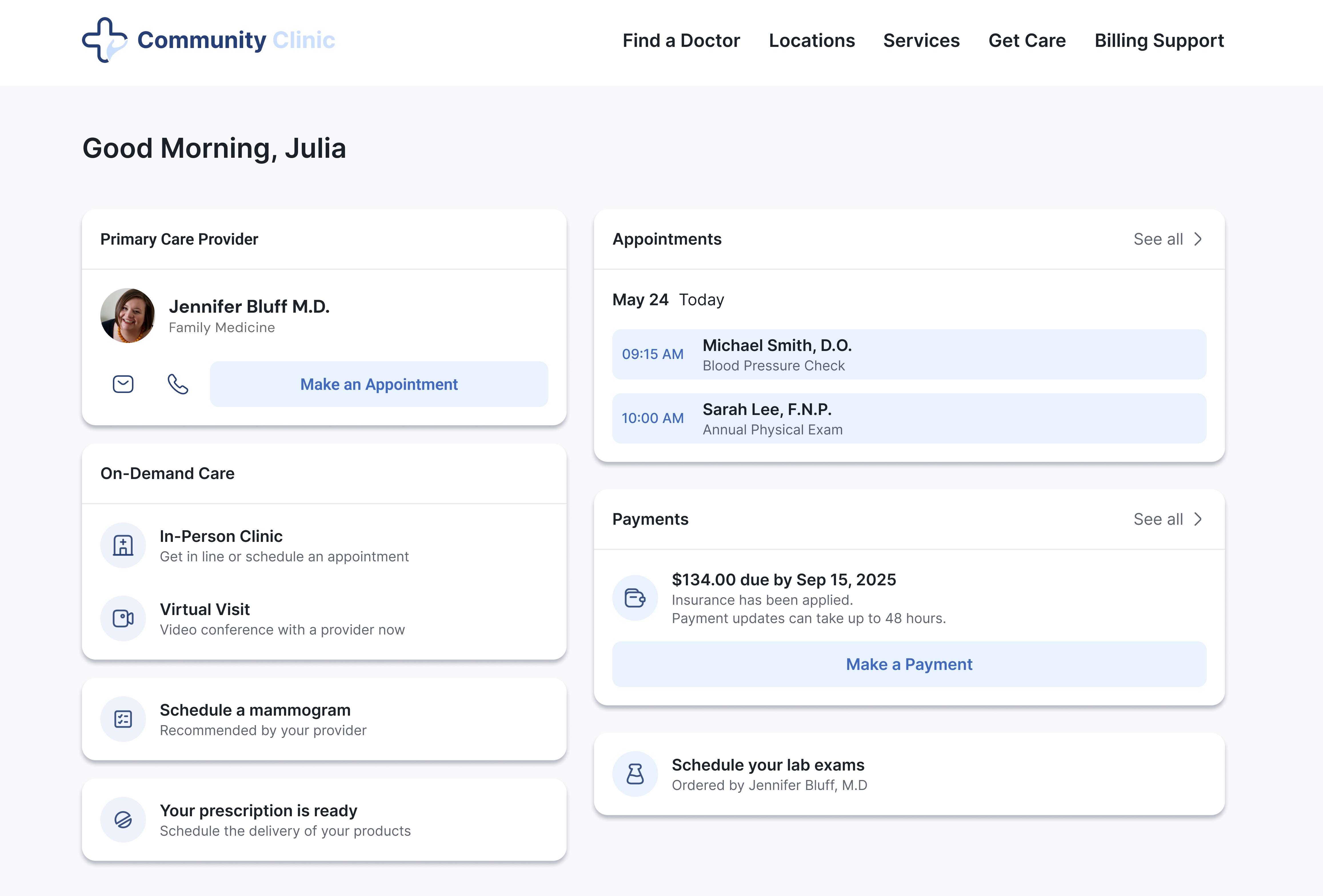 Community Clinic patient dashboard showing primary care provider Jennifer Bluff, appointment details for Michael Smith and Sarah Lee, on-demand care options, payment due information, and scheduling options for mammogram and lab exams.
