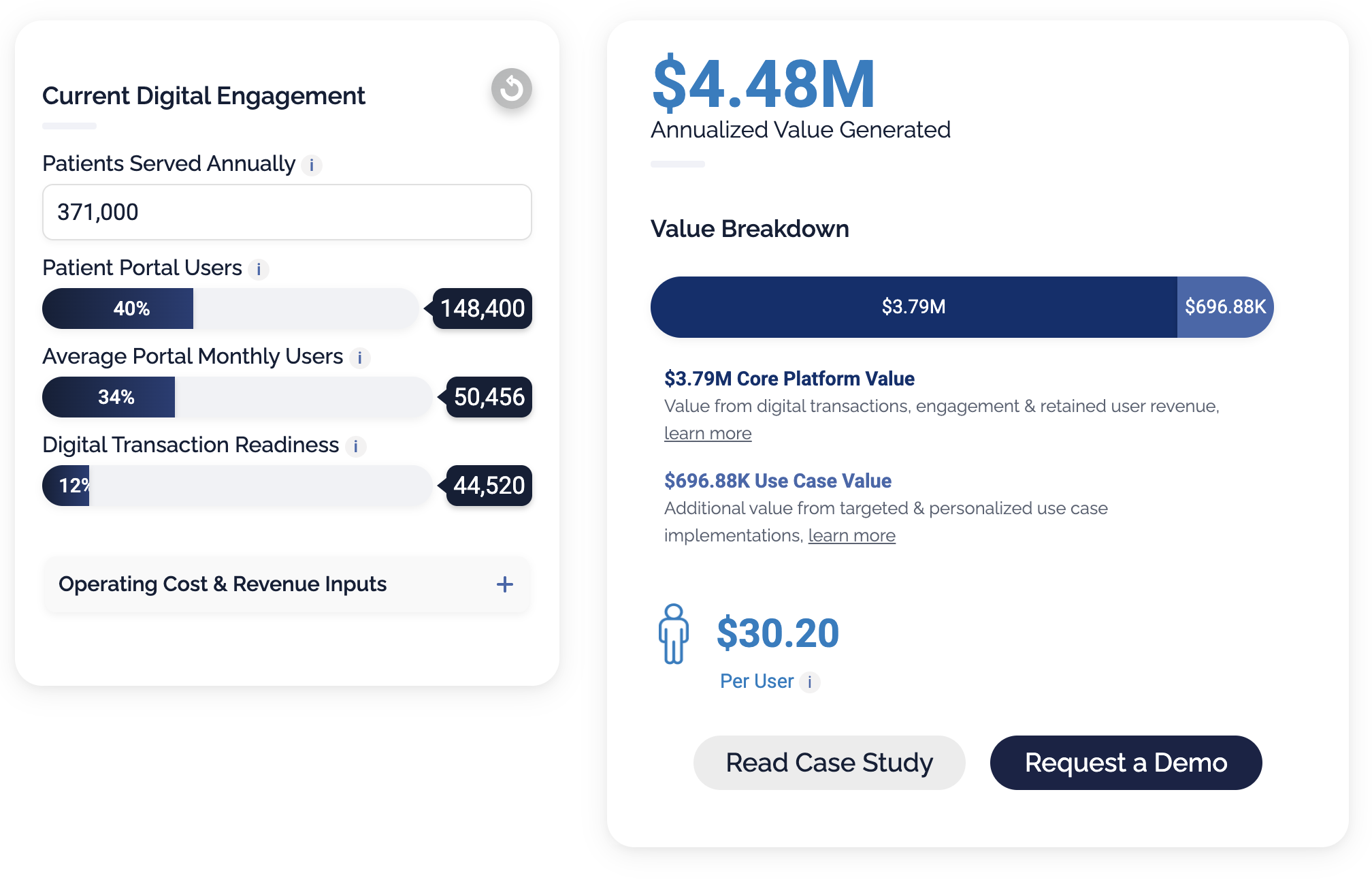 Value calculator interface dashboard