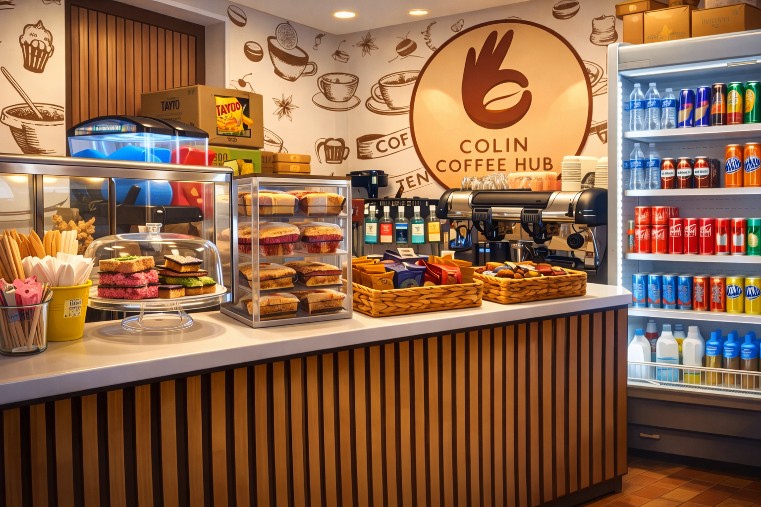 Coffee counter at Colin's Coffee Hub cafe in Dunmurry near Belfast with hot drinks, cakes, snacks and chilled drinks.