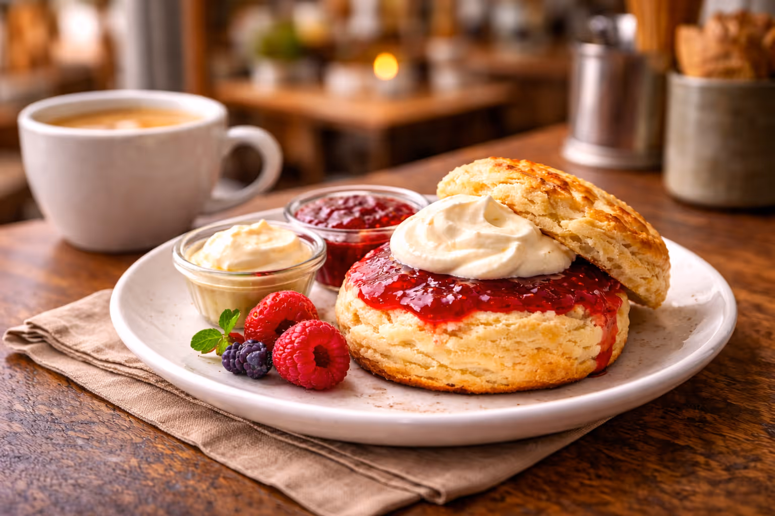 Freshly baked scone with jam and cream served with coffee at Colin Coffee Hub cafe in Dunmurry.