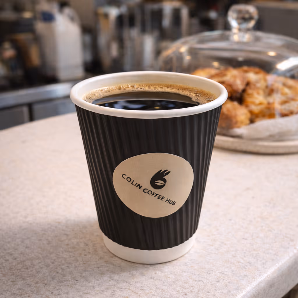 Americano coffee in a Colin Coffee Hub takeaway cup on the cafe counter.