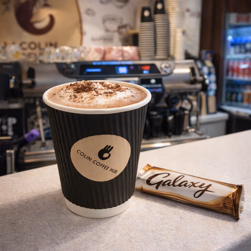 Hot chocolate in a Colin Coffee Hub takeaway cup served with a Galaxy chocolate bar.