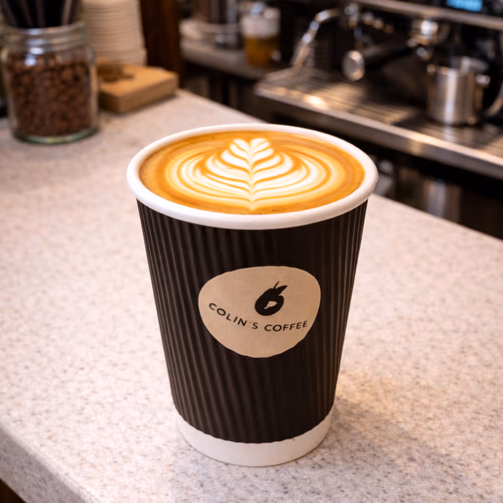Flat white coffee with latte art in a Colin Coffee Hub takeaway cup.