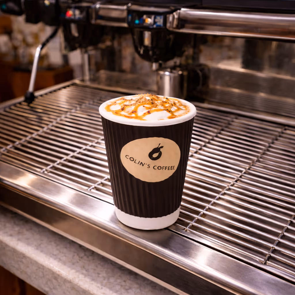 Macchiato in a Colin Coffee Hub takeaway cup on the espresso machine tray in Belfast.