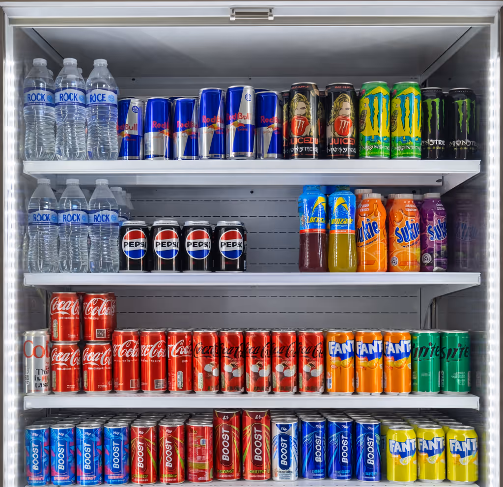 Chilled soft drinks fridge at Colin Coffee Hub cafe in Dunmurry.