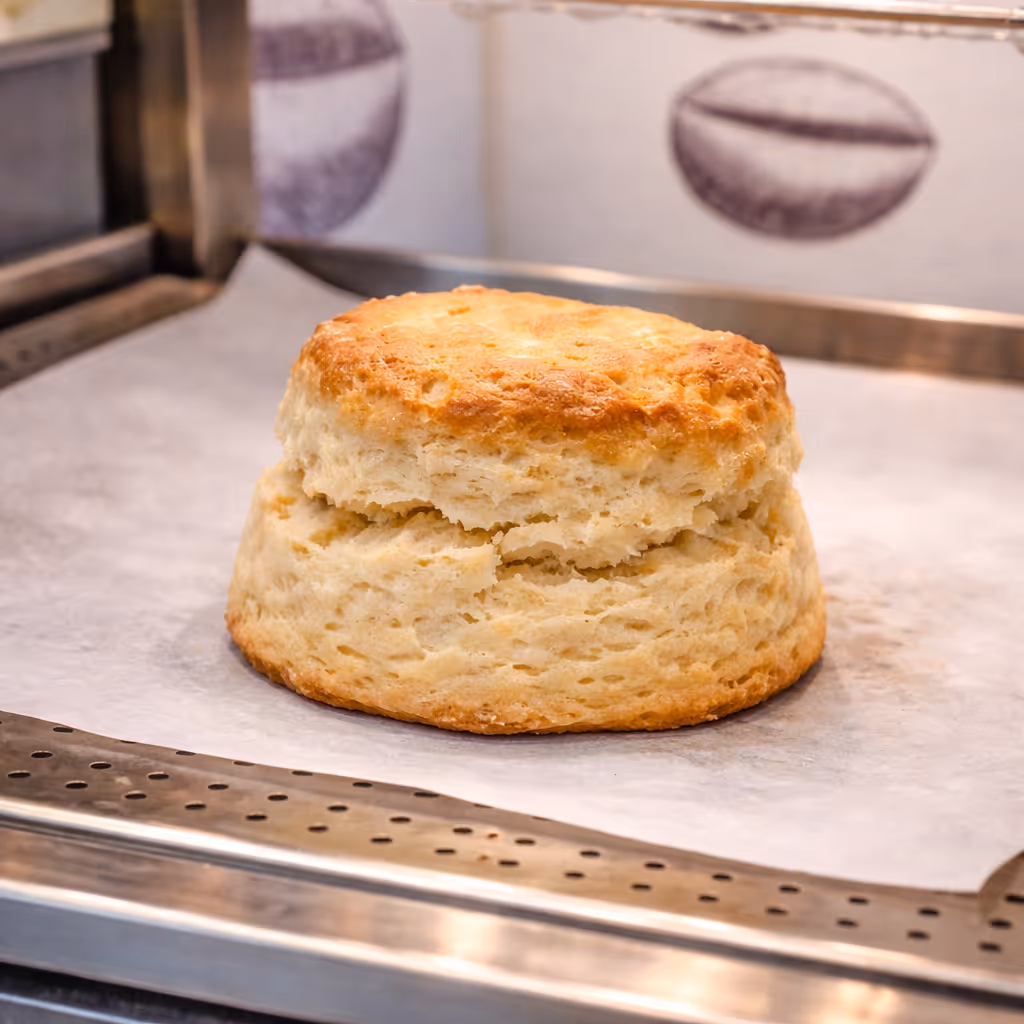 Fresh scone in the hot food display at Colin Coffee Hub cafe.