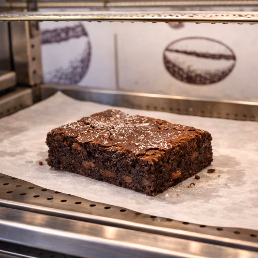 Chocolate brownie in the hot food display at Colin Coffee Hub in Belfast.