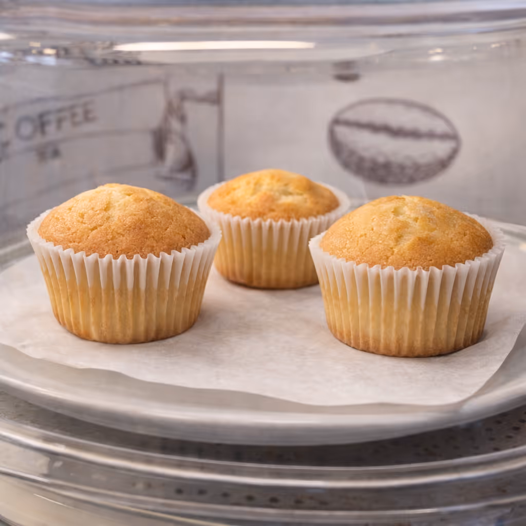 Plain vanilla cupcakes in the display case at Colin Coffee Hub.