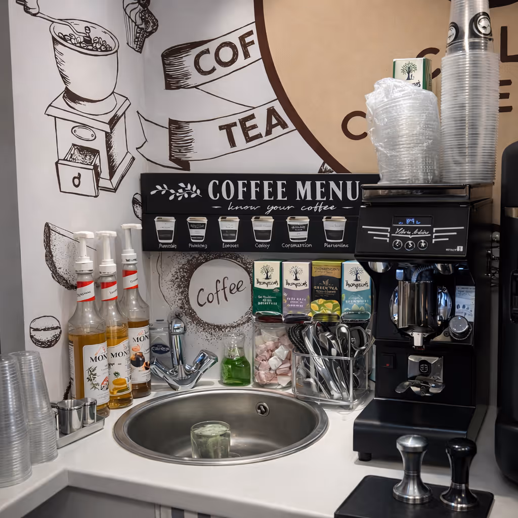 Coffee preparation area at Colin's Coffee Hub with syrups, cups, tea and espresso machine.