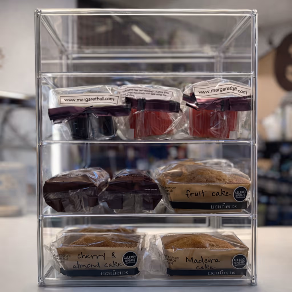 Packaged cakes and tray bakes in the cafe display case at Colin's Coffee Hub.