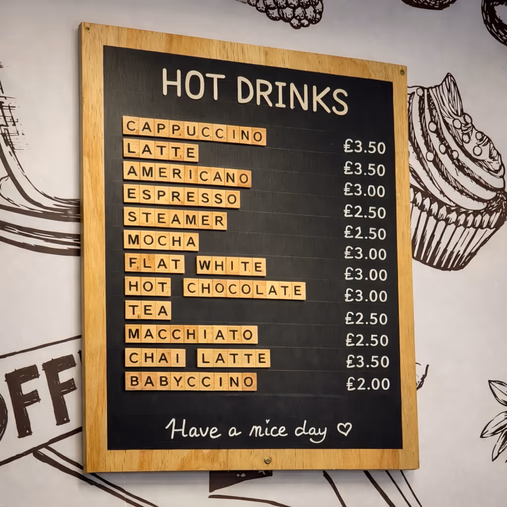 Hot drinks menu board showing cappuccino, latte, espresso, mocha, tea and hot chocolate prices.