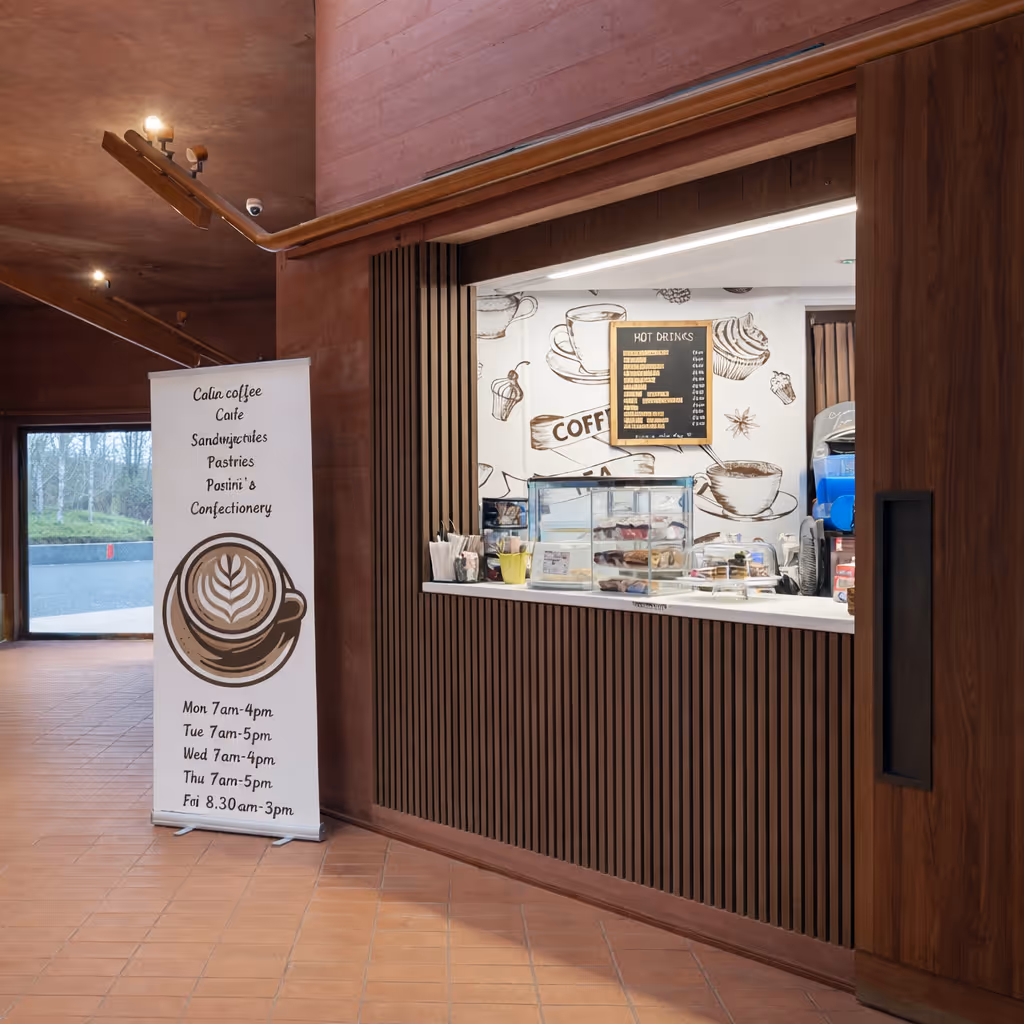 Colin's Coffee Hub cafe counter serving coffee, sandwiches, pastries and confectionery in Dunmurry.