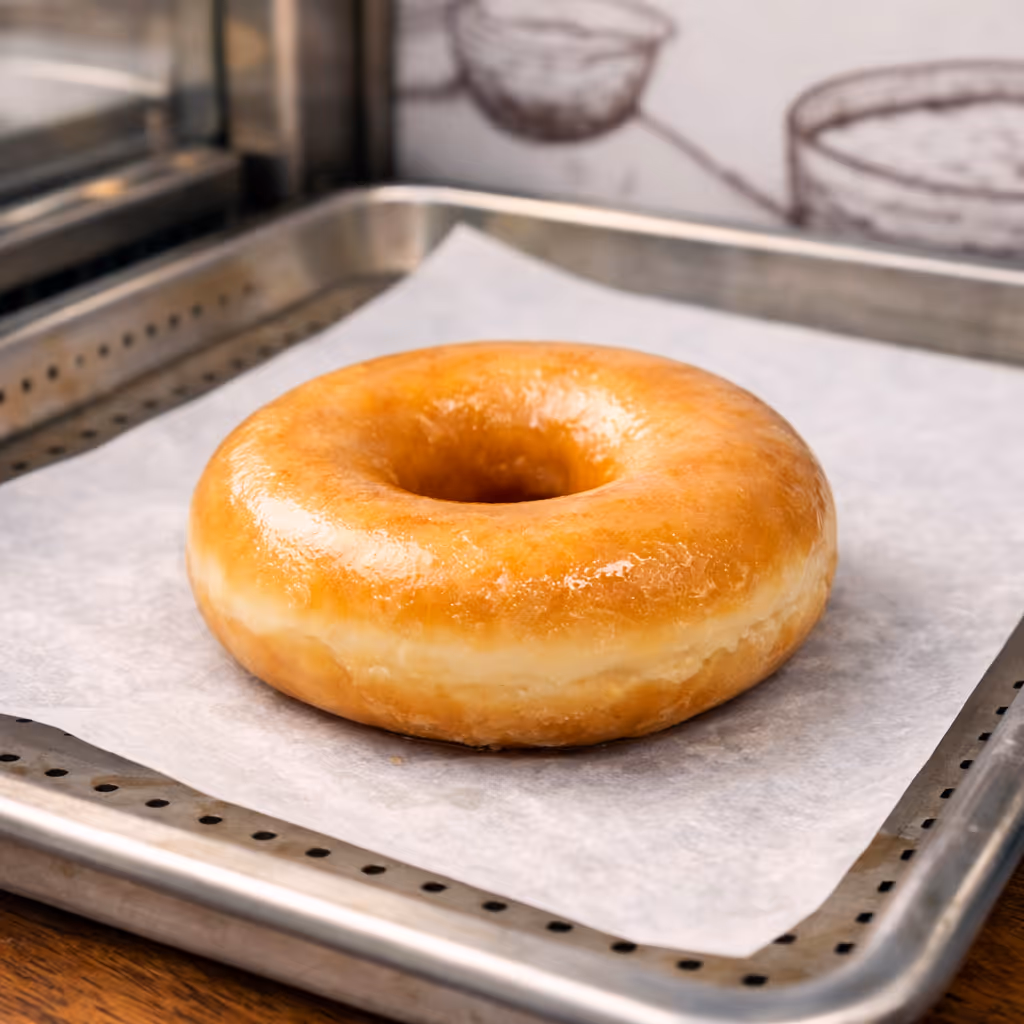 Glazed doughnut in the hot food display at Colin Coffee Hub.