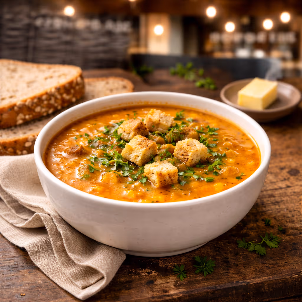 Bowl of soup of the day served with bread at Colin Coffee Hub cafe.