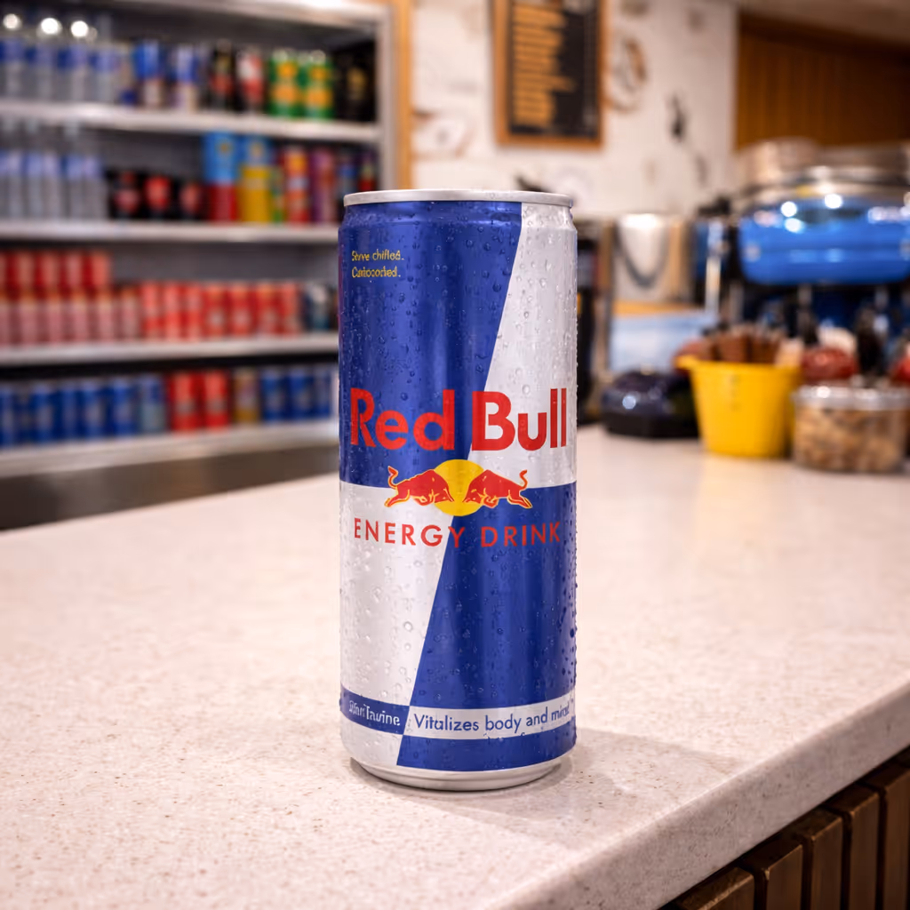 Red Bull energy drink can on the counter at Colin Coffee Hub cafe.