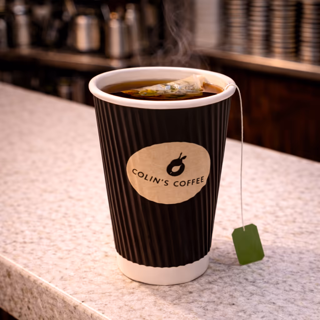Cup of tea in a Colin Coffee Hub takeaway cup with a tea bag on the counter.