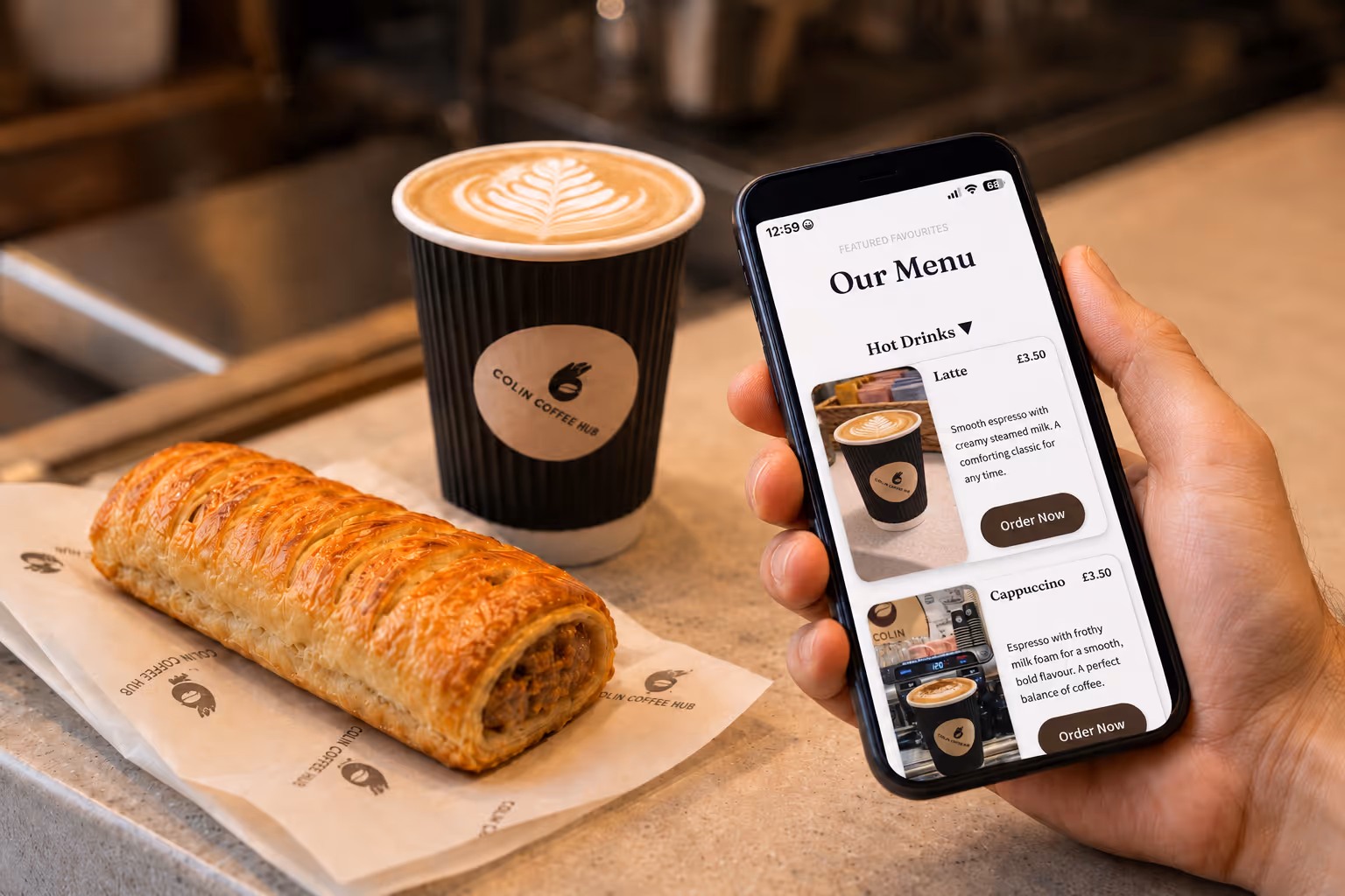 Online ordering for Colin Coffee Hub in Dunmurry shown on a phone beside coffee and a sausage roll.