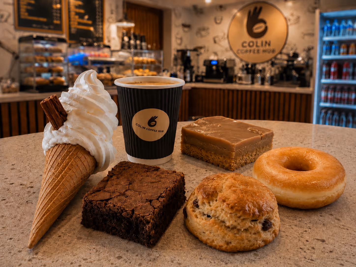 Sweet treats and coffee at Colin Coffee Hub cafe in Dunmurry, including brownie, scone, doughnut and ice cream.