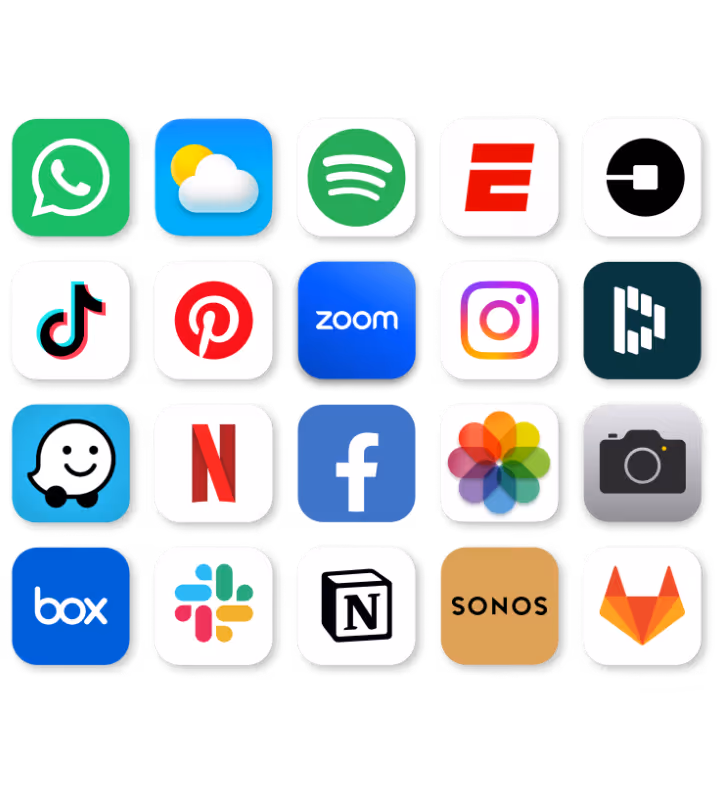 Grid of 20 app icons including WhatsApp, Weather, Spotify, ESPN, Uber, TikTok, Pinterest, Zoom, Instagram, Taskade, Waze, Netflix, Facebook, Photos, Camera, Box, Slack, Notion, Sonos, and GitLab.