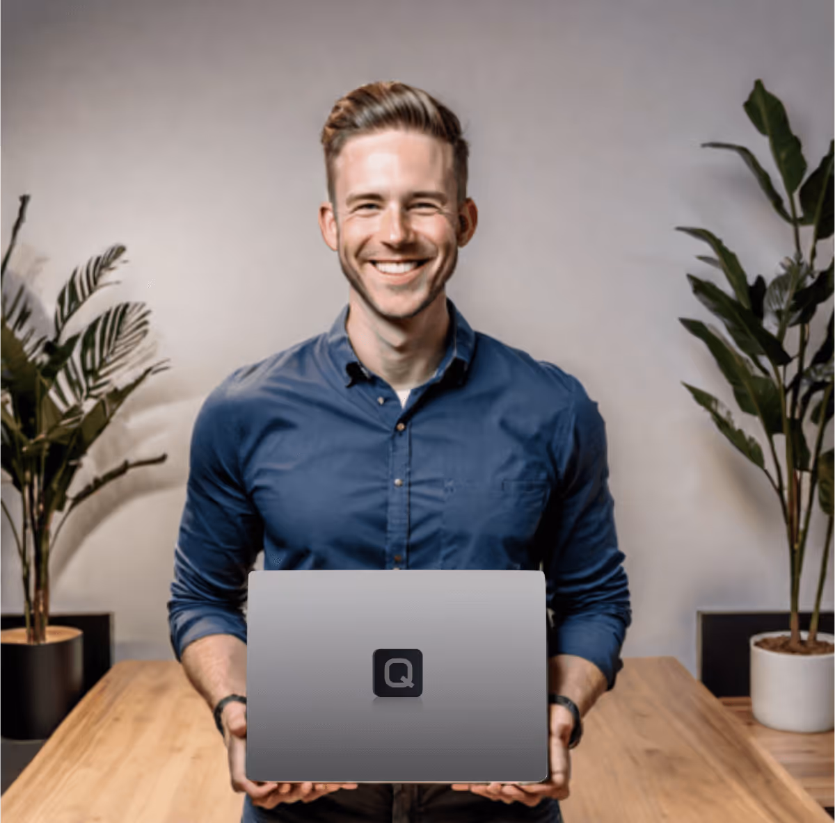 Smiling man in blue shirt holding a laptop with a Quantem logo on the screen, standing behind a wooden table with potted plants on either side.
