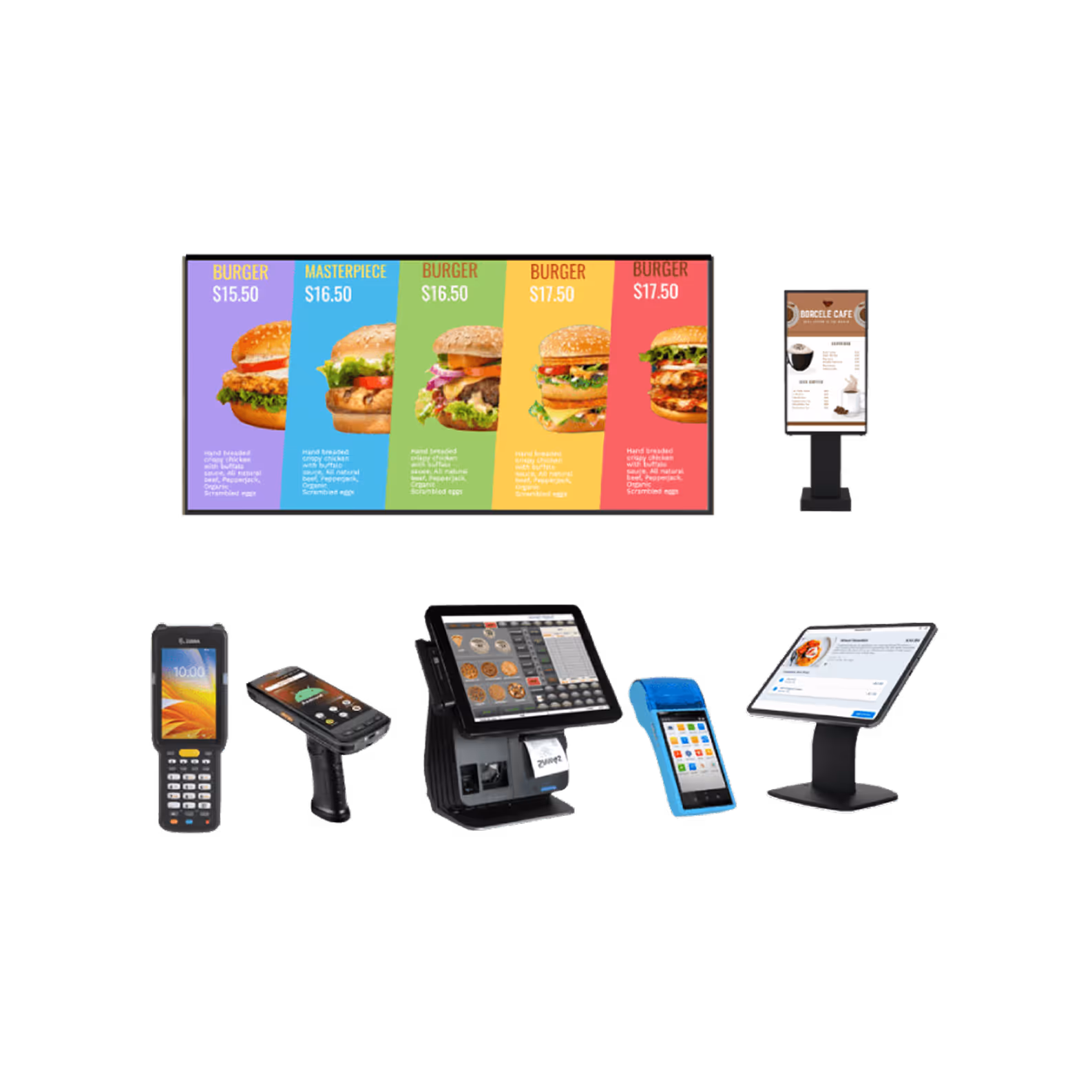 Variety of point-of-sale and restaurant ordering devices including digital menu boards, handheld scanners, POS terminals, and payment devices.