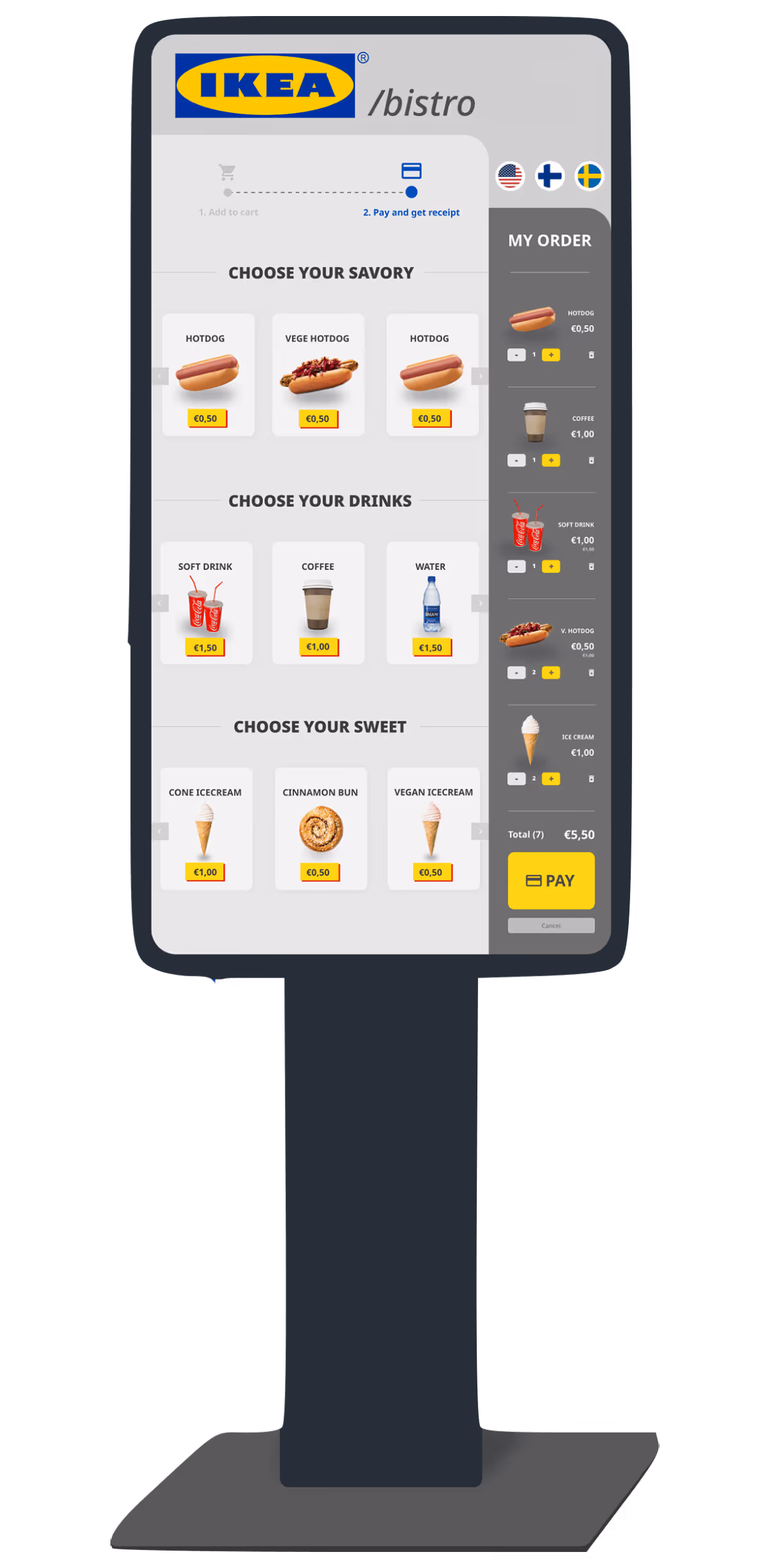 IKEA bistro self-service kiosk screen showing menu categories: savory hotdogs, drinks including soft drink, coffee, water, and sweet options like ice cream and cinnamon bun, with order summary and pay button.