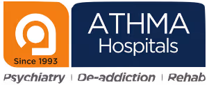 ATHMA Hospitals logo with tagline including Psychiatry, De-addiction, and Rehabilitation services.