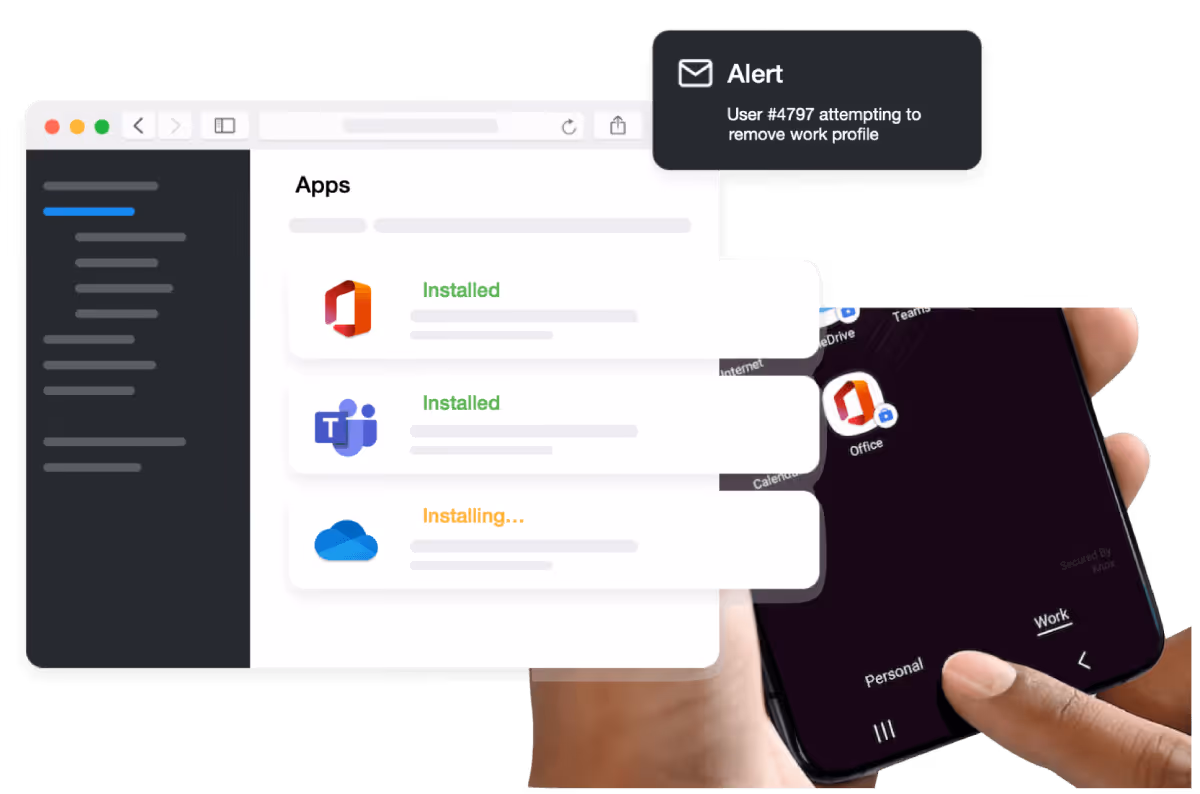 Hand holding smartphone showing a work profile screen with Microsoft Office app and an alert about a user attempting to remove the work profile on a computer screen in the background.