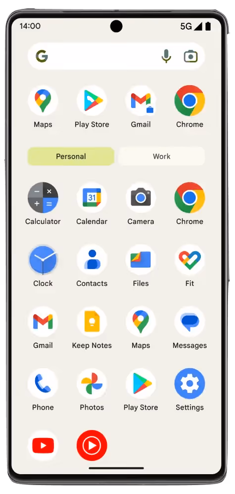 Smartphone screen showing app icons including Maps, Play Store, Gmail, Chrome, Calculator, Calendar, Camera, Clock, Contacts, Files, Fit, Keep Notes, Messages, Phone, Photos, and Settings with 'Personal' tab selected.