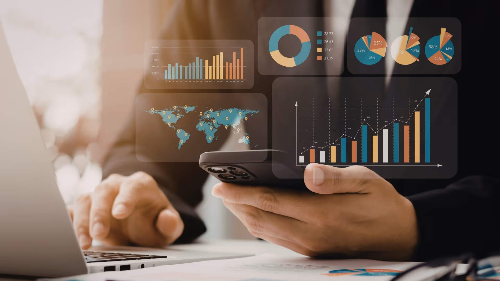 Person holding smartphone with business charts and graphs overlay, including bar charts, pie charts, and a world map with location markers.
